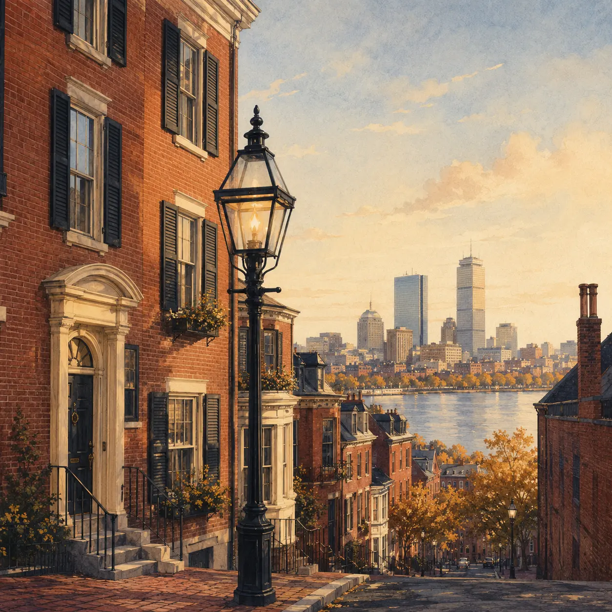An illustrated Boston view with Beacon Hill brick homes, a gas streetlamp, the Charles River, and the city skyline